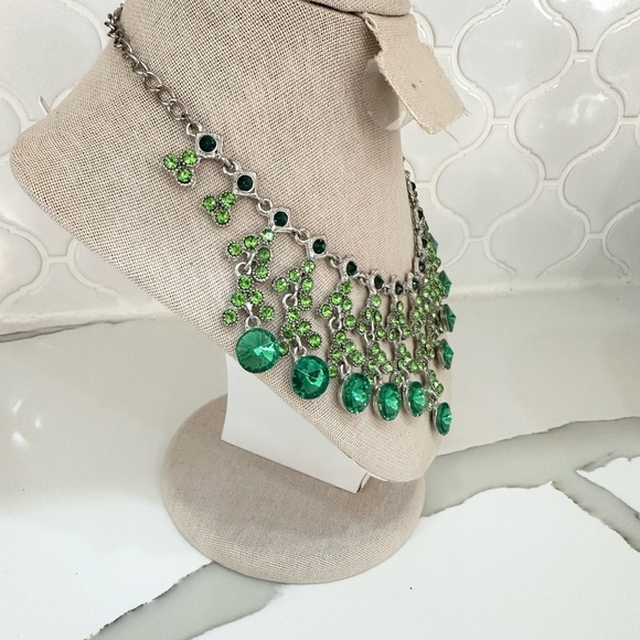 Vintage Uranium Green Glass Rhinestone Statement Necklace - Picture 7 of 9